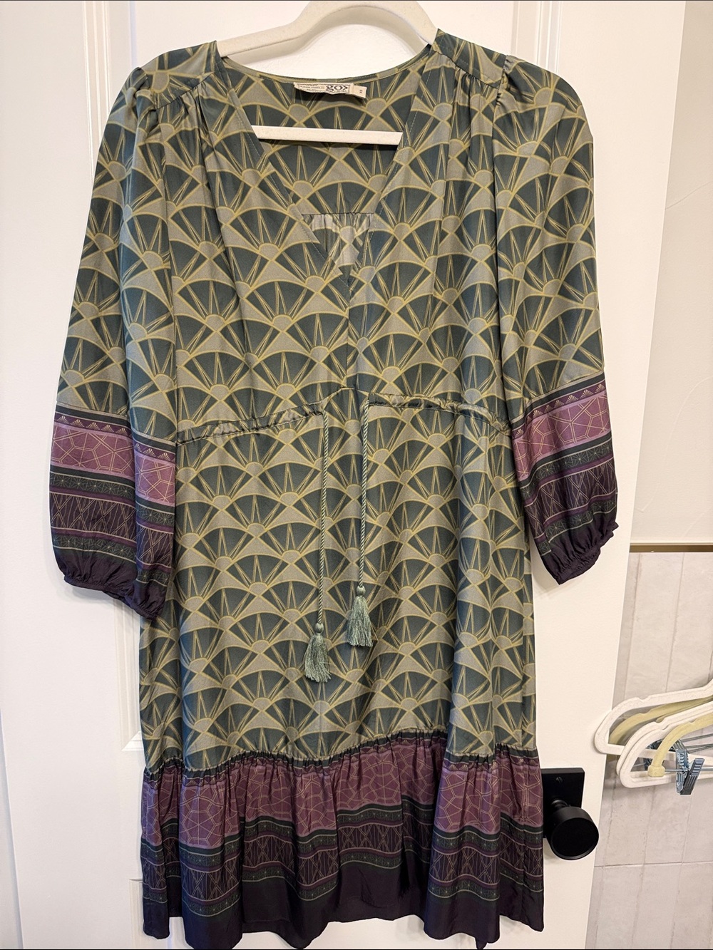 Patterned Sage Green Midi Dress with Purple Border Details